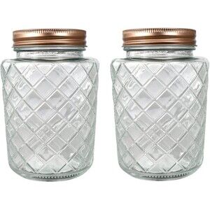 2) Decorative Glass Jar Copper Lid Lattice Diamond Pattern Storage Container NEW